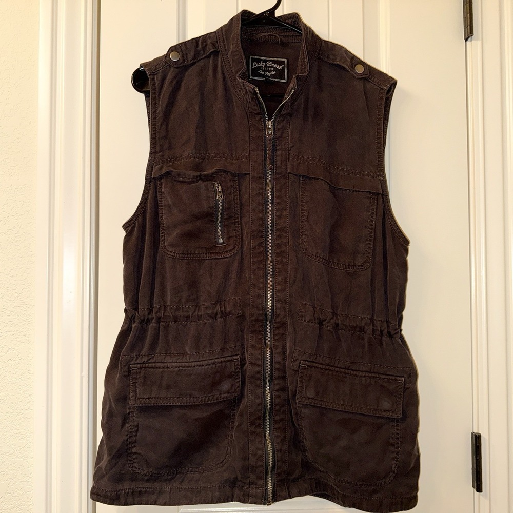 Lucky Brand Tencel Utility Vest Brown Military Safari Cargo Jacket Womens L